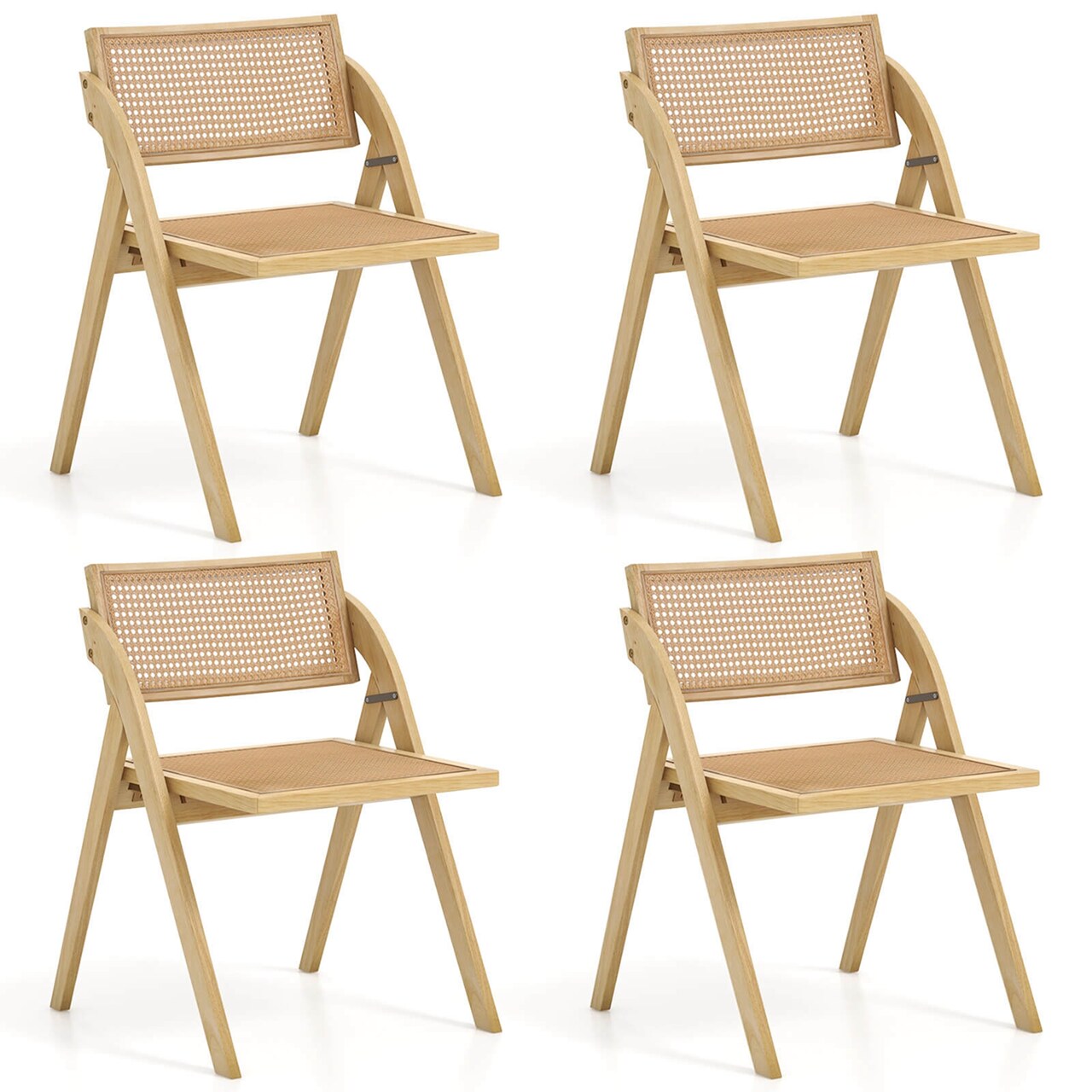 Costway Foldable Dining Chairs Set of 2/4 with Woven Rattan Backrest & Seat Rubber Wood Frame Natural